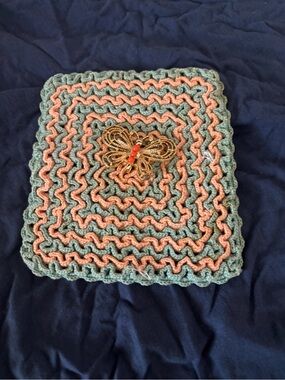 Handmade Crochet Square with Gold Butterfly Accent - Sage Green & Peach